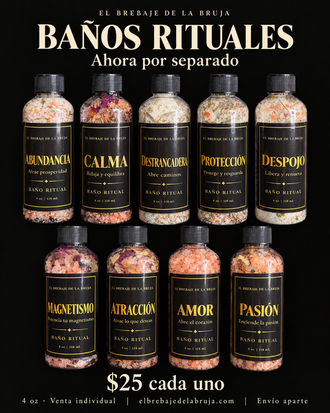 Nueve baños rituales de 4 oz de El Brebaje de la Bruja, disponibles individualmente a $25.