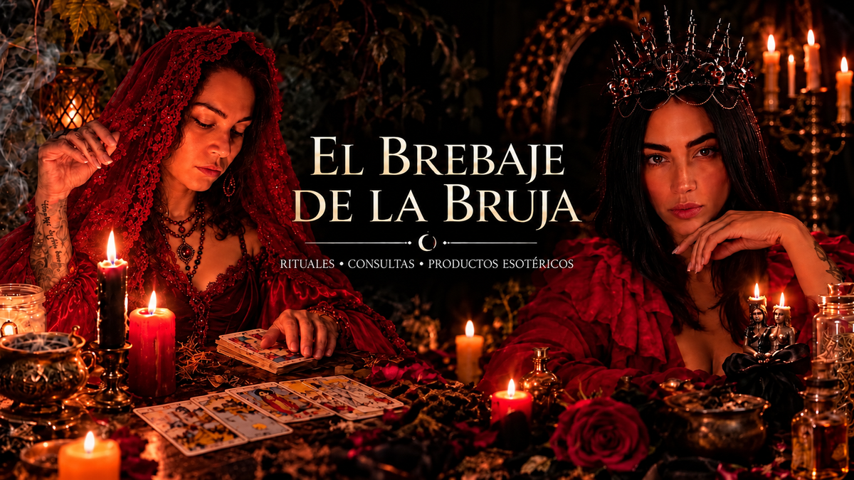 El Brebaje de la Bruja: las dos brujas en una mesa con velas y el nombre de la marca, sin botones dibujados