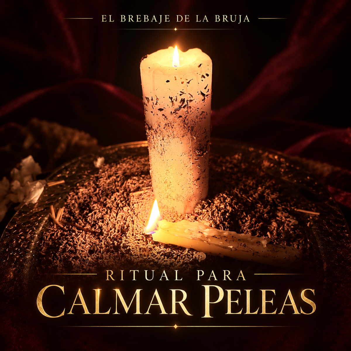 Ritual para Calmar Peleas — fotografía de velas aportada por El Brebaje de la Bruja, portada borgoña y dorada